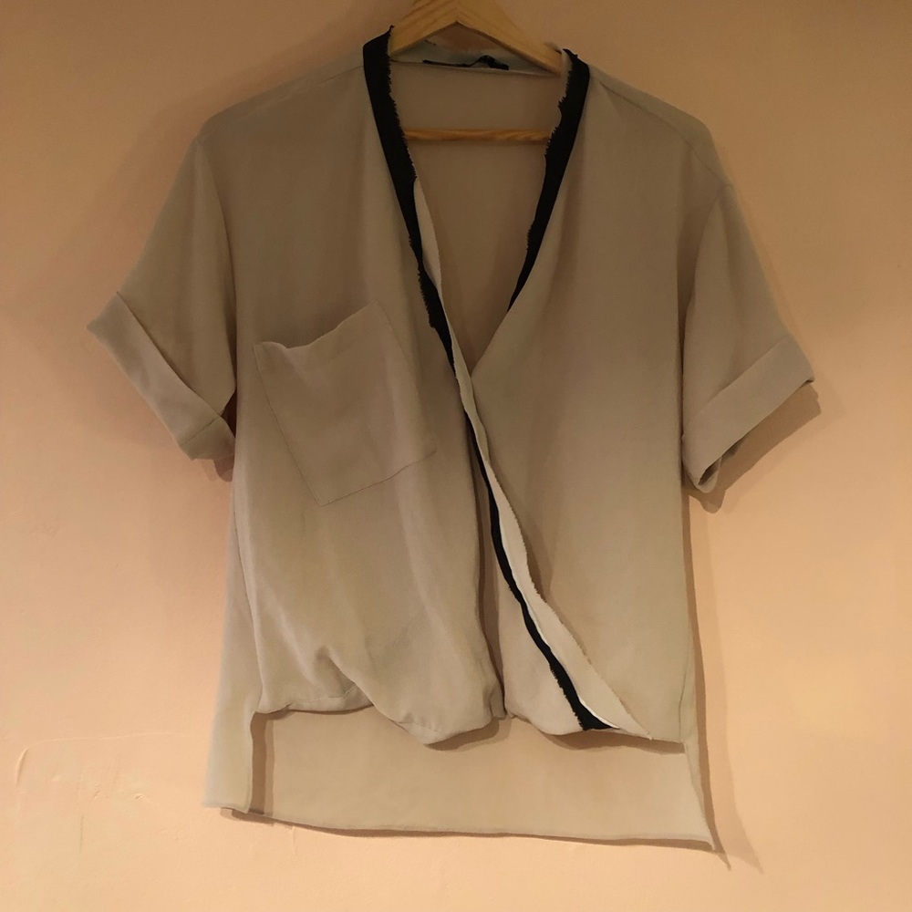 ZARA Wrap Effect Kimono Short Sleeve Top Crossover Draped Blouse Raw Edge Sheer
